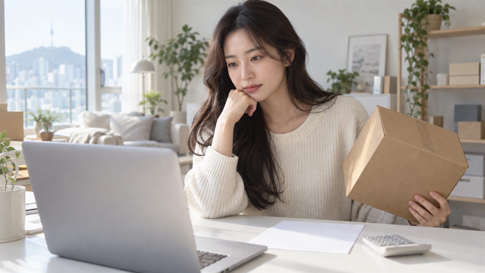 일본 합배송 상자의 물건값 합계를 150달러 면세 기준과 비교해 보는 모습